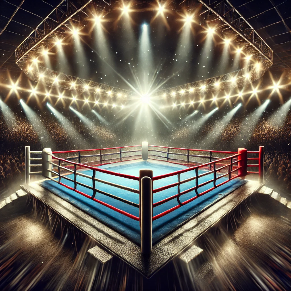 DALL·E 2024-09-30 10.01.34 - An energetic and intense promotional image to hype up boxing fans for fight night. The scene should feature a dramatic boxing ring under bright stadiu